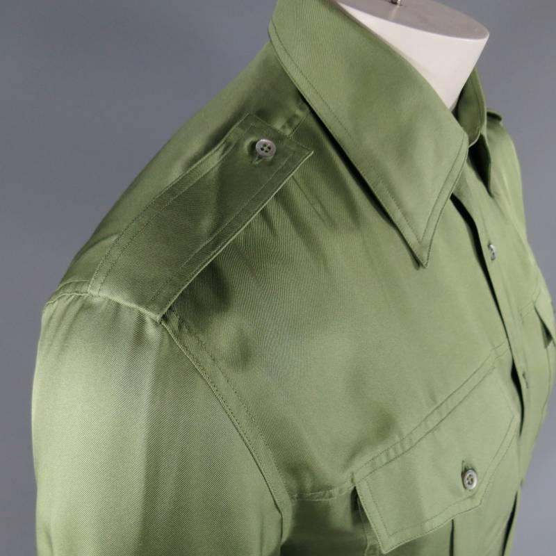 Brown TOM FORD for GUCCI Men's Size L Green Silk Satin Military Epaulet Pockets Shirt