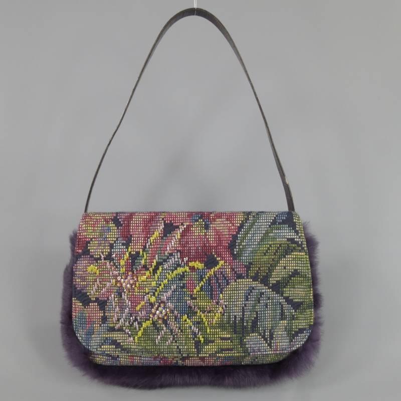 This fabulous ETRO handbag comes in a a multi color, woven floral print tapestry fabric and features beading and sequin embellishments, flap with snap closure, purple rabbit fur, lavender satin lining and a crocodile embossed strap. Made in Italy.
