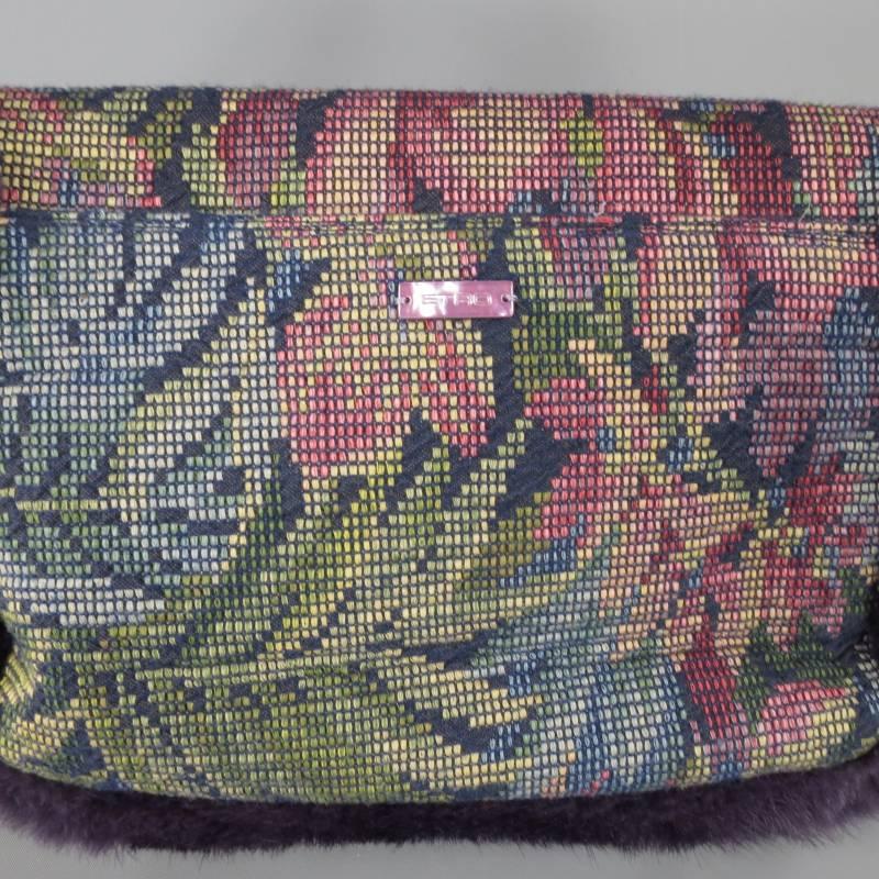 Gray ETRO Purple Floral Beaded Tapestry Fabric & Fur Crocodile Strap Handbag