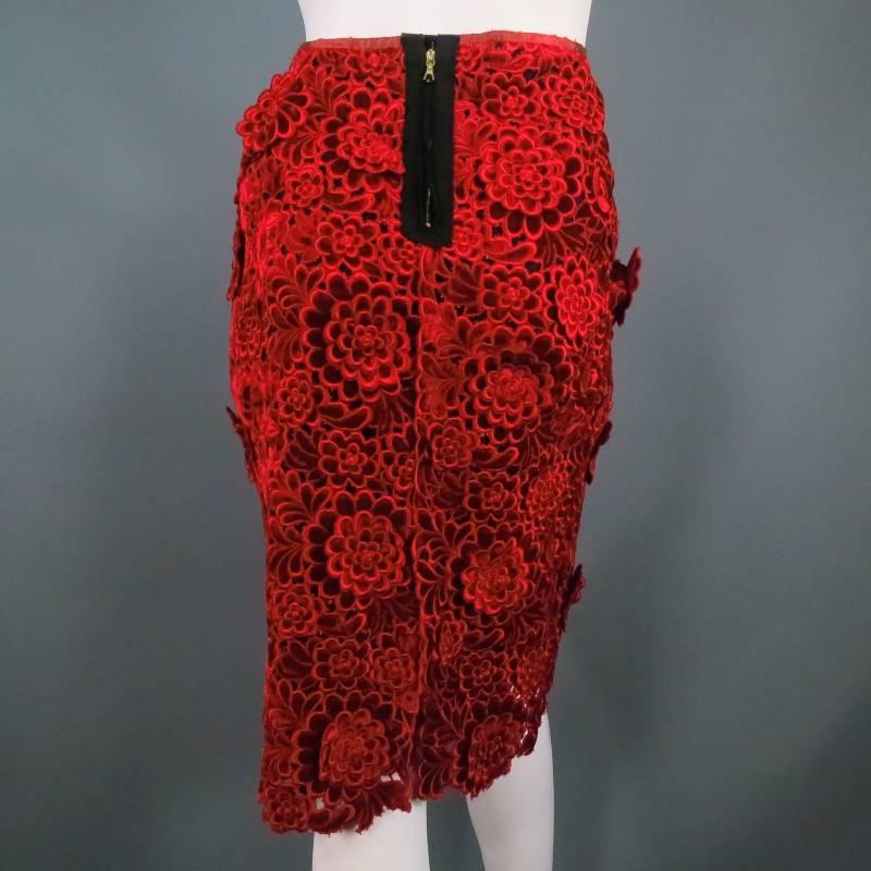 MARC JACOBS Size 6 Red Rayon / Silk Floral Crochet Lace Pencil Skirt 1