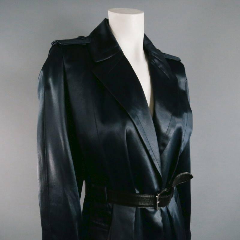 Plush MARC JACOBS long length belted coat; takes on some features of the classic trench.  A-line cut, button tab shoulders, large welt pockets at sides, belt loops, black leather belt with silver toned buckle. Notch lapel and invisible button