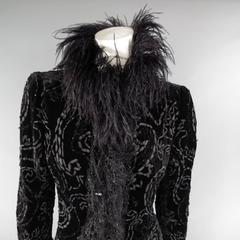OSCAR DE LA RENTA Black Paisley Velvet Ostrich Feather Fringe Trim Evening Coat