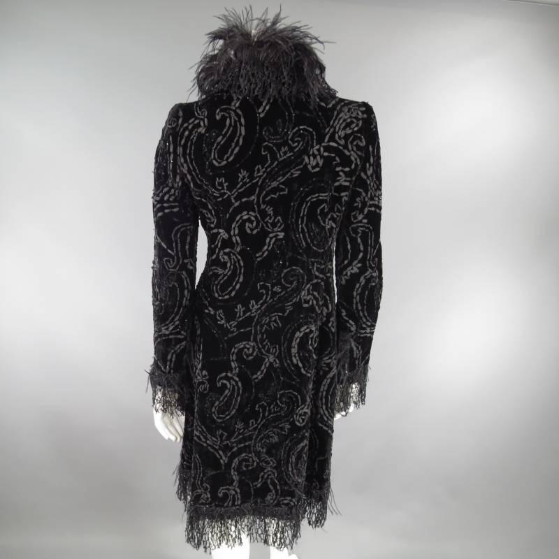 Women's OSCAR DE LA RENTA Black Paisley Velvet Ostrich Feather Fringe Trim Evening Coat