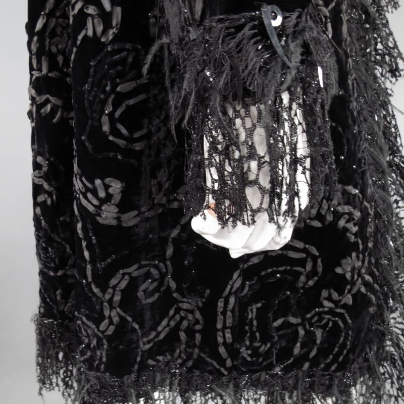 OSCAR DE LA RENTA Black Paisley Velvet Ostrich Feather Fringe Trim Evening Coat 3