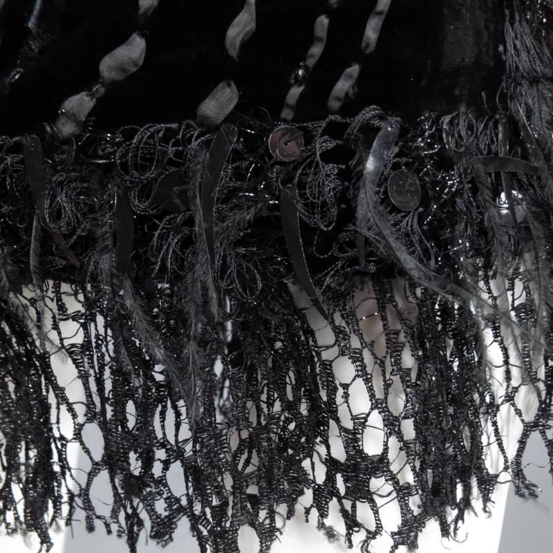 OSCAR DE LA RENTA Black Paisley Velvet Ostrich Feather Fringe Trim Evening Coat 2