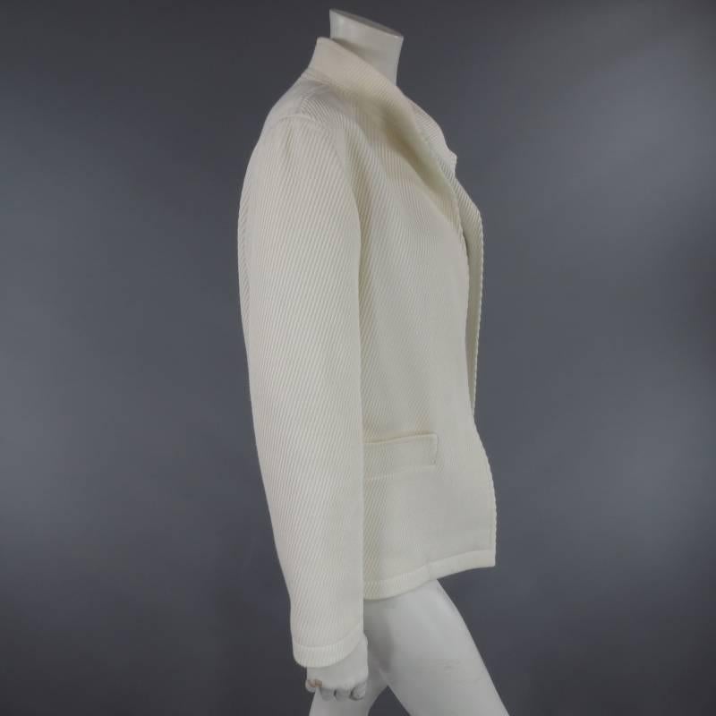 OSCAR DE LA RENTA Size 10 Off White Ribbed Cotton Open Front Jacket 1