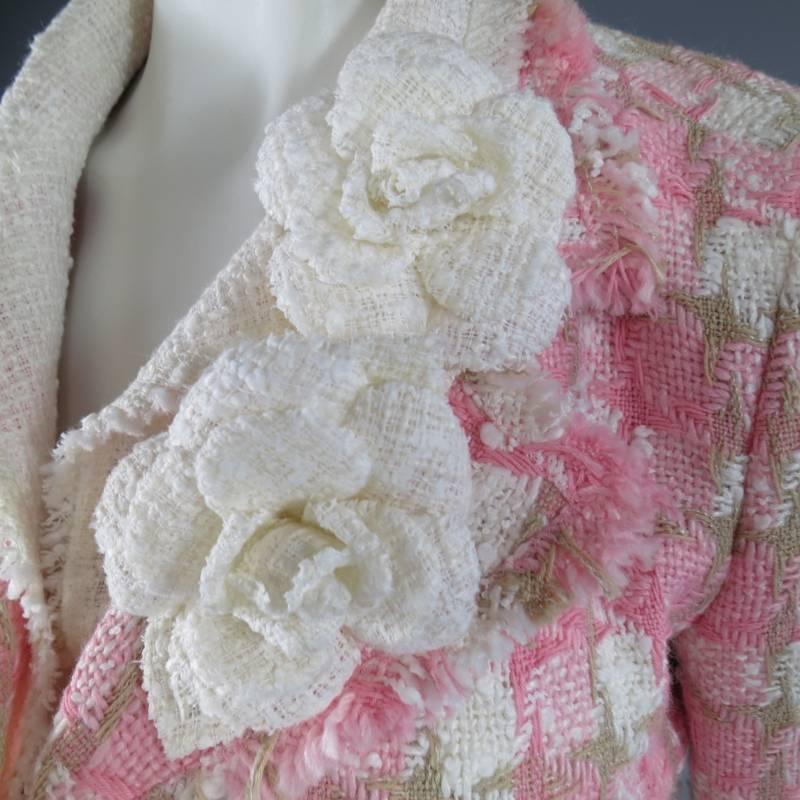 CHANEL Size 6 Pink & Beige Houndstooth Raw Edge Flower Brooch Jacket In Excellent Condition In San Francisco, CA