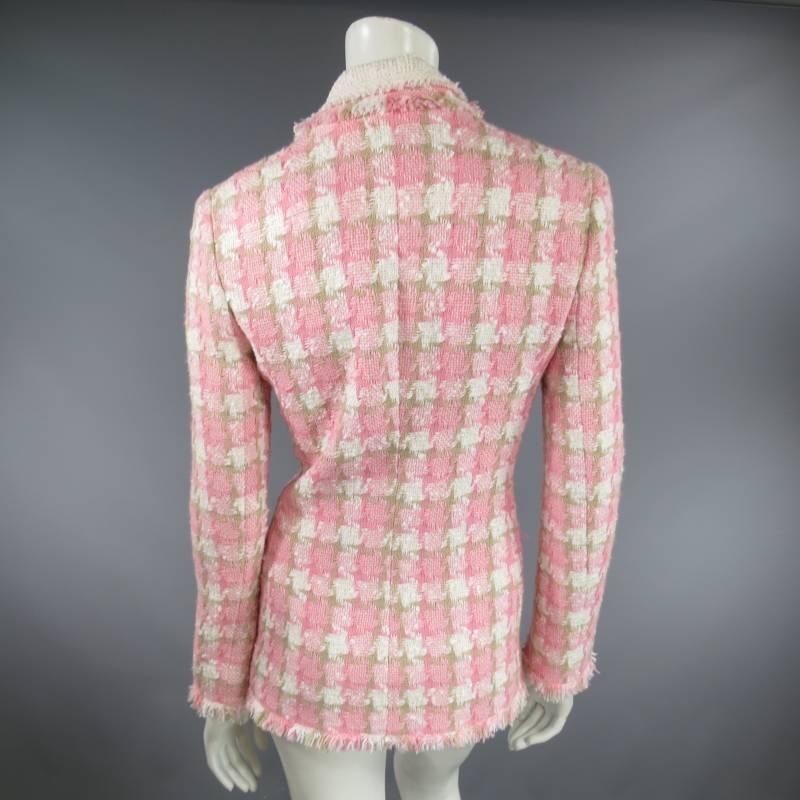 CHANEL Size 6 Pink & Beige Houndstooth Raw Edge Flower Brooch Jacket 4