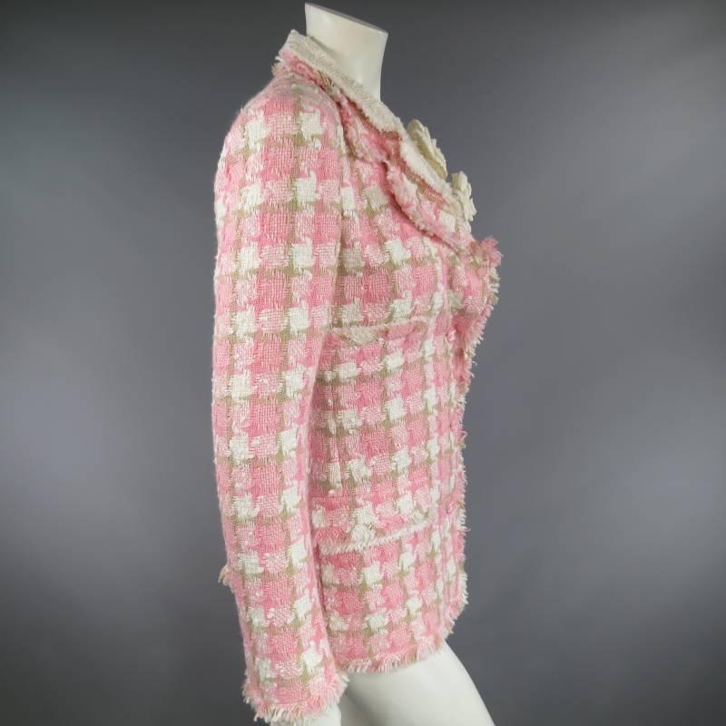 CHANEL Size 6 Pink & Beige Houndstooth Raw Edge Flower Brooch Jacket 3