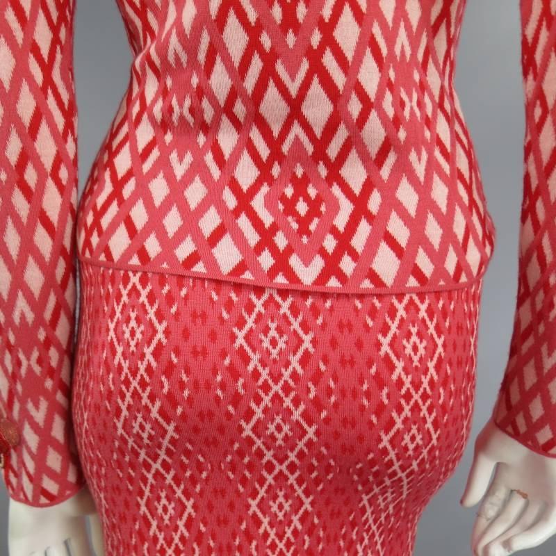 CHANEL Size 8 Red & Pink Rhombus Cashmere Sequin Flower Fall 2003 Skirt Suit 4