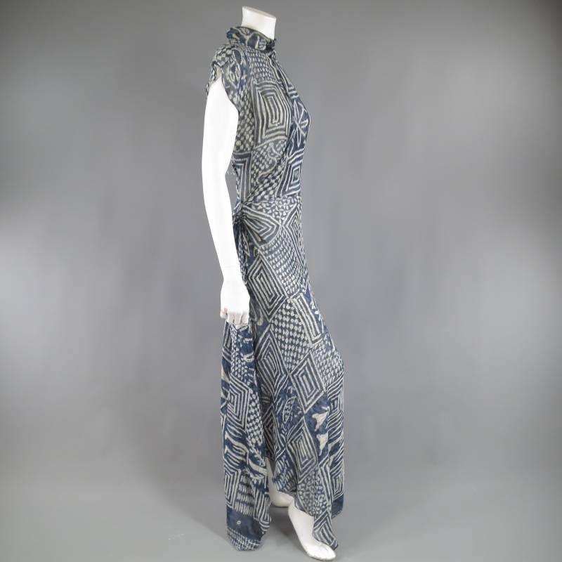 Women's RALPH LAUREN COLLECTION Size 8 Printed Navy Silk Chiffon Wrap Maxi Dress