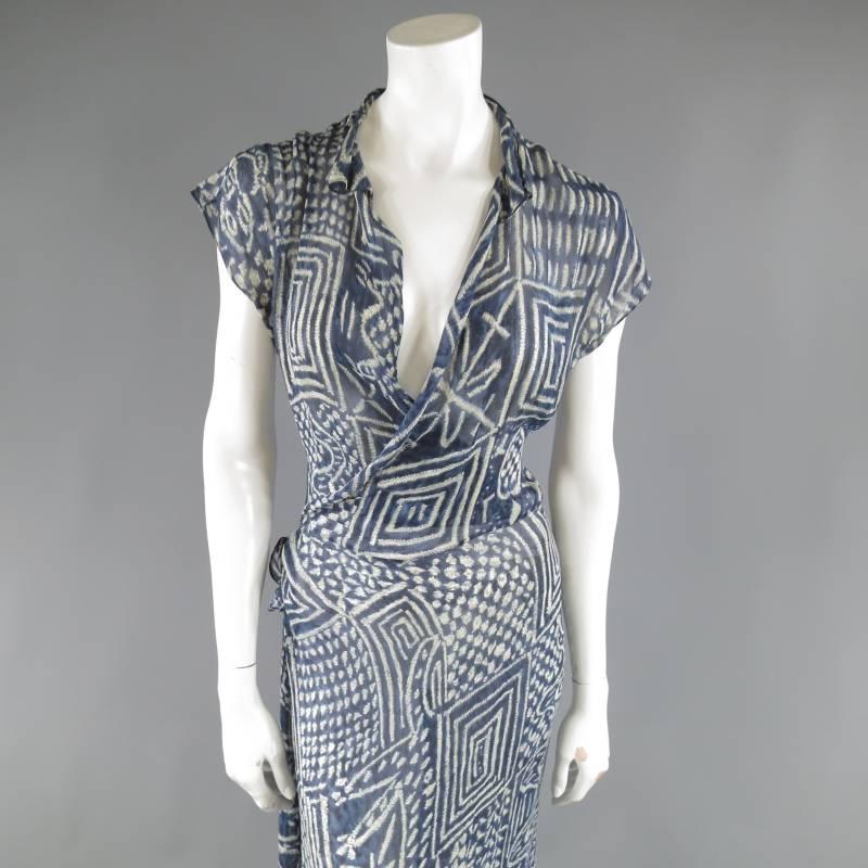 Gray RALPH LAUREN COLLECTION Size 8 Printed Navy Silk Chiffon Wrap Maxi Dress