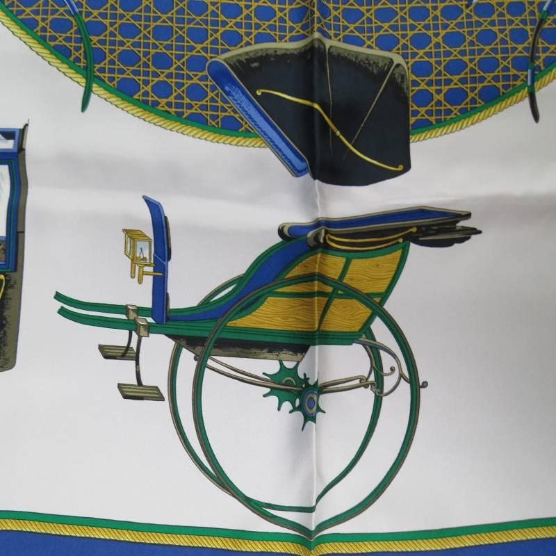 HERMES Blue Gold & White Silk Les Voitures a Transformation Equestrian Scarf In Excellent Condition In San Francisco, CA