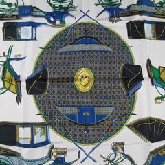 HERMES Blue Gold & White Silk Les Voitures a Transformation Equestrian Scarf