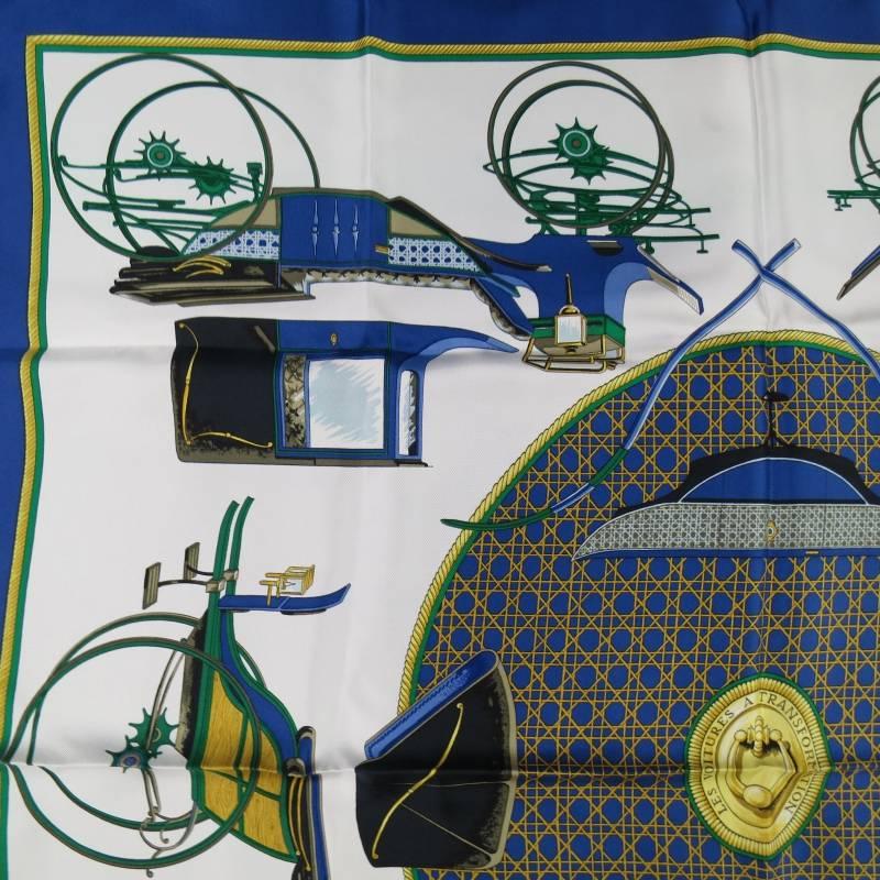 Women's or Men's HERMES Blue Gold & White Silk Les Voitures a Transformation Equestrian Scarf