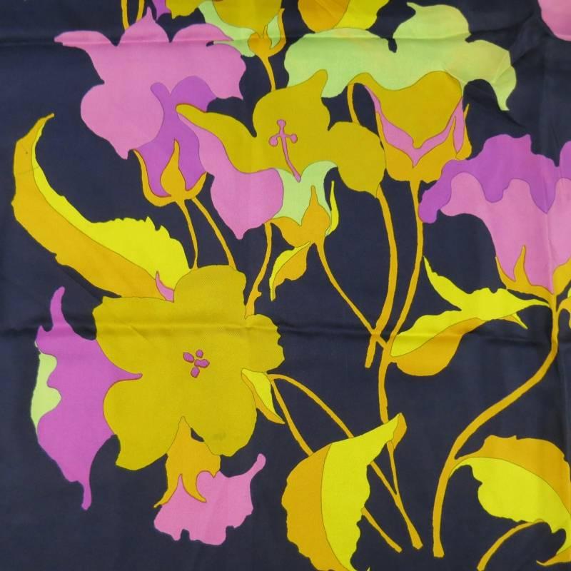 Vintage CHRISTIAN DIOR Navy Yellow Mint & Purple Floral Silk Scarf In Excellent Condition In San Francisco, CA