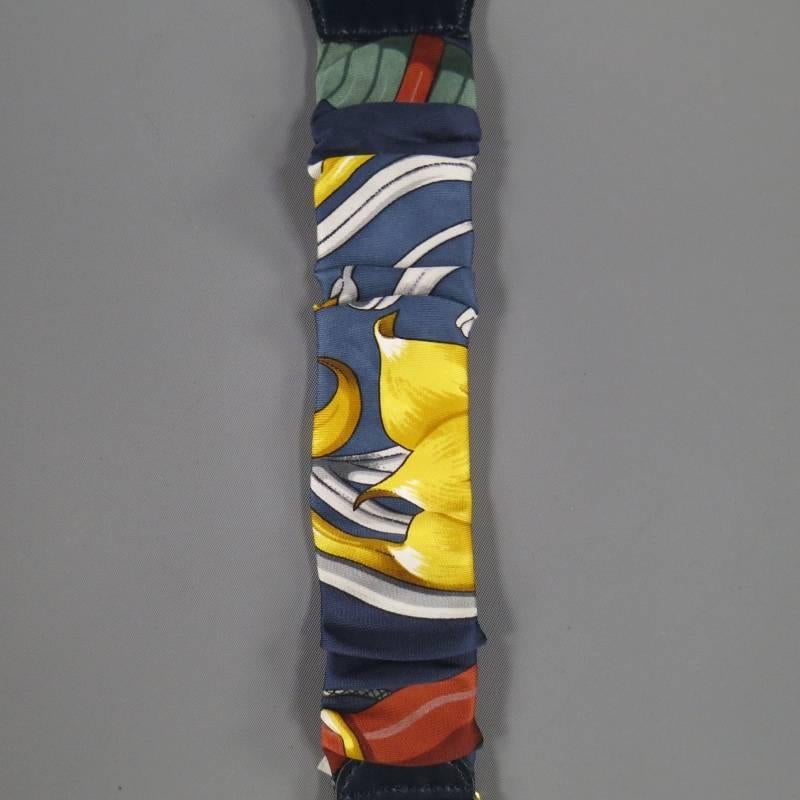 HERMES Navy Novelty Print Silk Suspenders In Excellent Condition In San Francisco, CA