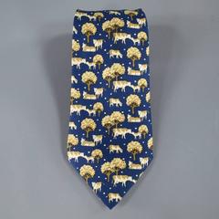 HERMES Yellow & Blue Cow & Tree Print Silk Tie