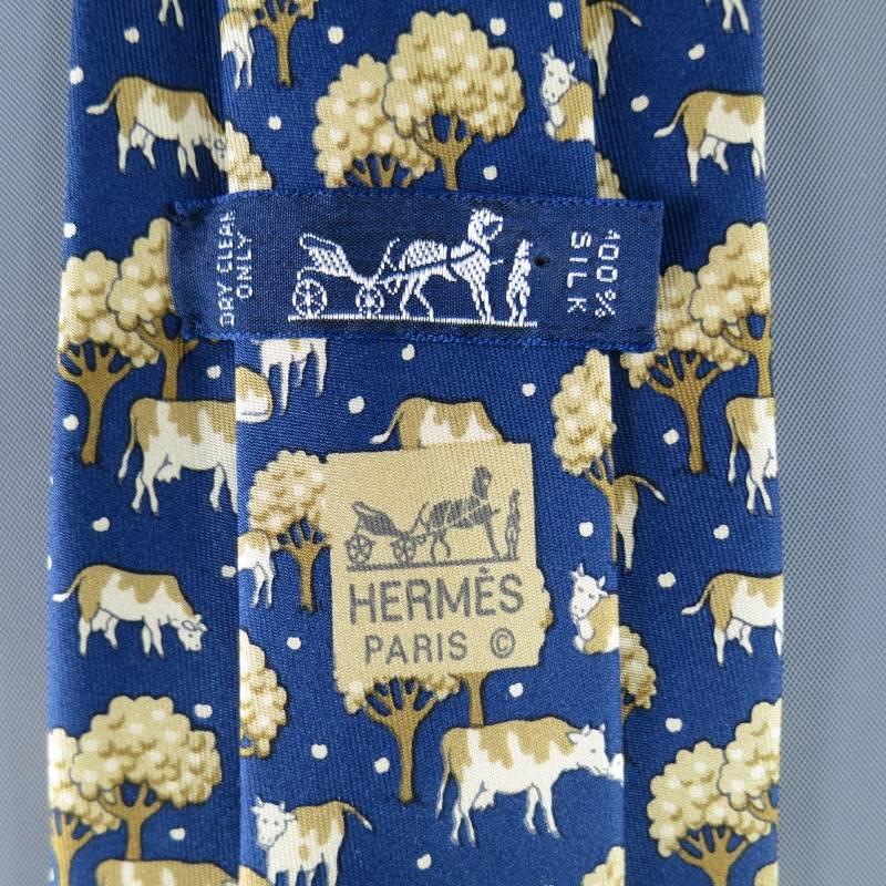 Men's HERMES Yellow & Blue Cow & Tree Print Silk Tie
