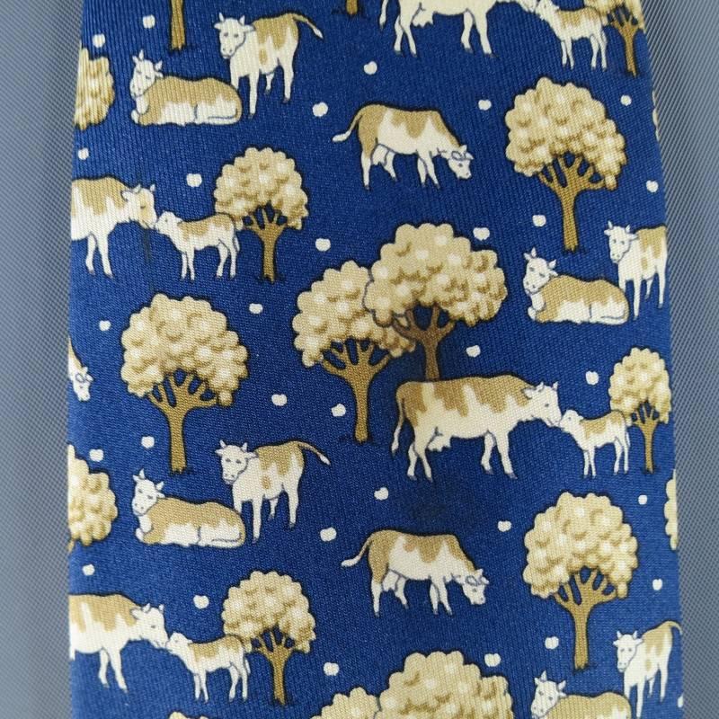 Beige HERMES Yellow & Blue Cow & Tree Print Silk Tie