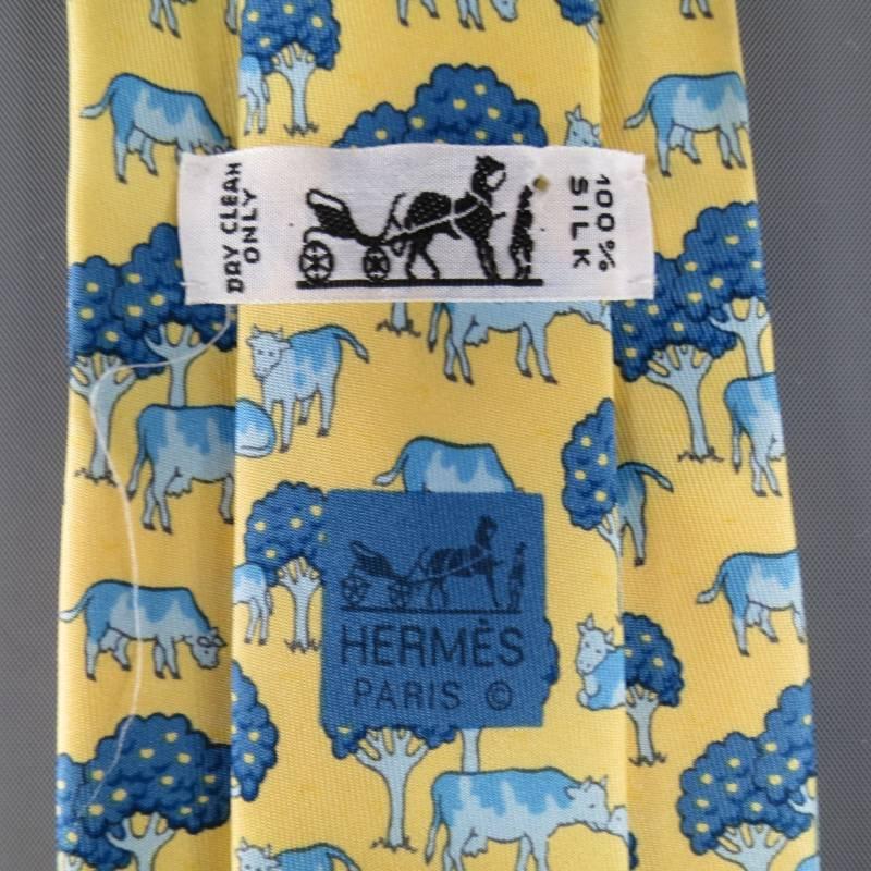 HERMES Yellow & Blue Cow & Tree Print Silk Tie 1