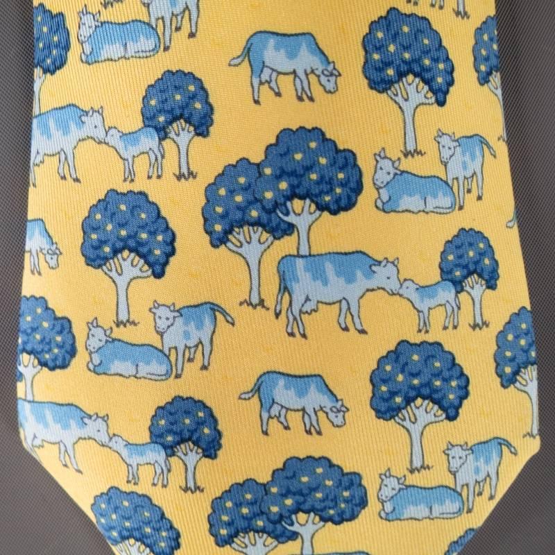 HERMES Yellow & Blue Cow & Tree Print Silk Tie In Excellent Condition In San Francisco, CA
