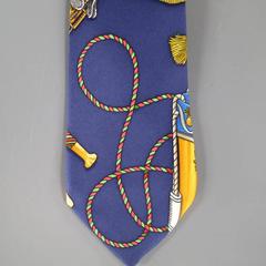 HERMES Navy & Red LES TAMBOURS Print Silk Tie Set