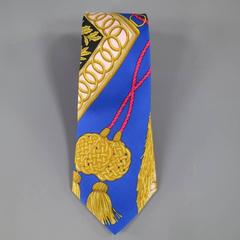 HERMES Black & Blue LES TAMBOURS Tassels Print Silk Tie Set