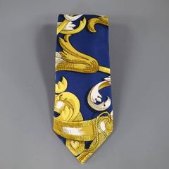 HERMES Navy Printed Silk Tie Set