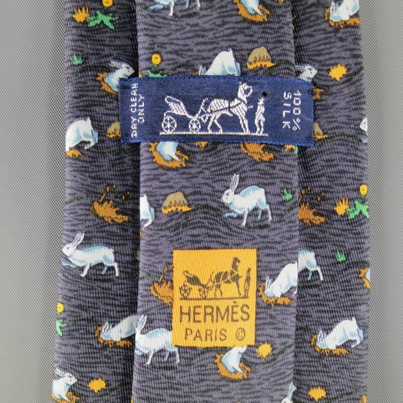 HERMES Slate Rabbit Hole Print Silk Tie In Excellent Condition In San Francisco, CA