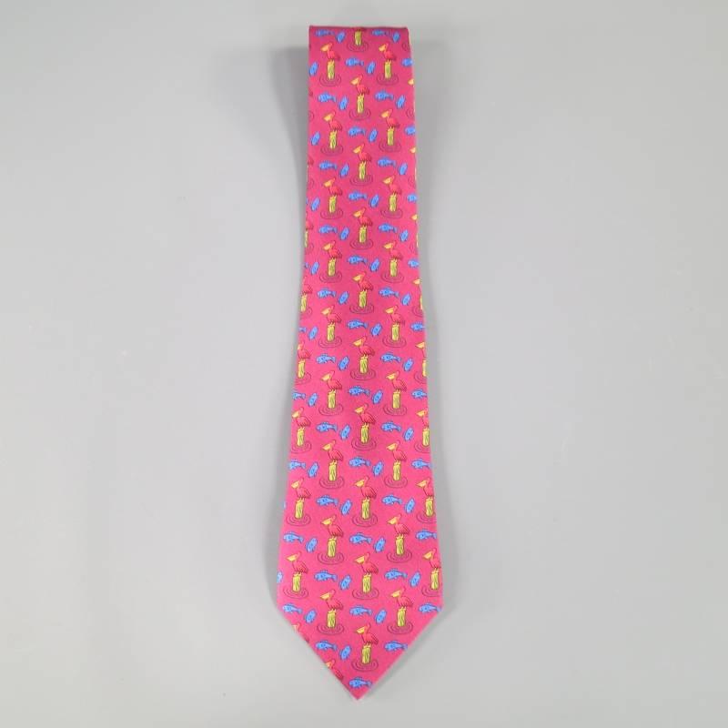 HERMES Tie consists of 100% silk material in a raspberry color tone. Designed with a pelican and fish print throughout body of tie in multi-color detail (Blue and Yellow). Made in France
 
Marked: 7533 IA

Item ID: 51473
