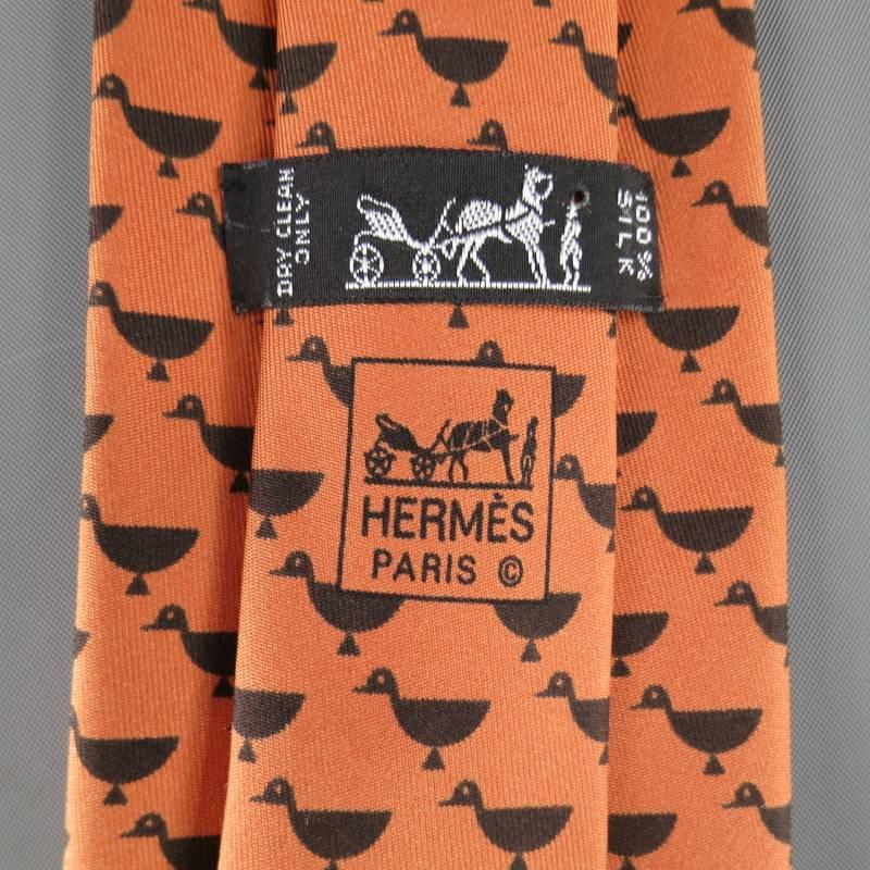 HERMES Orange And Black Duck Print Silk Tie In Excellent Condition In San Francisco, CA