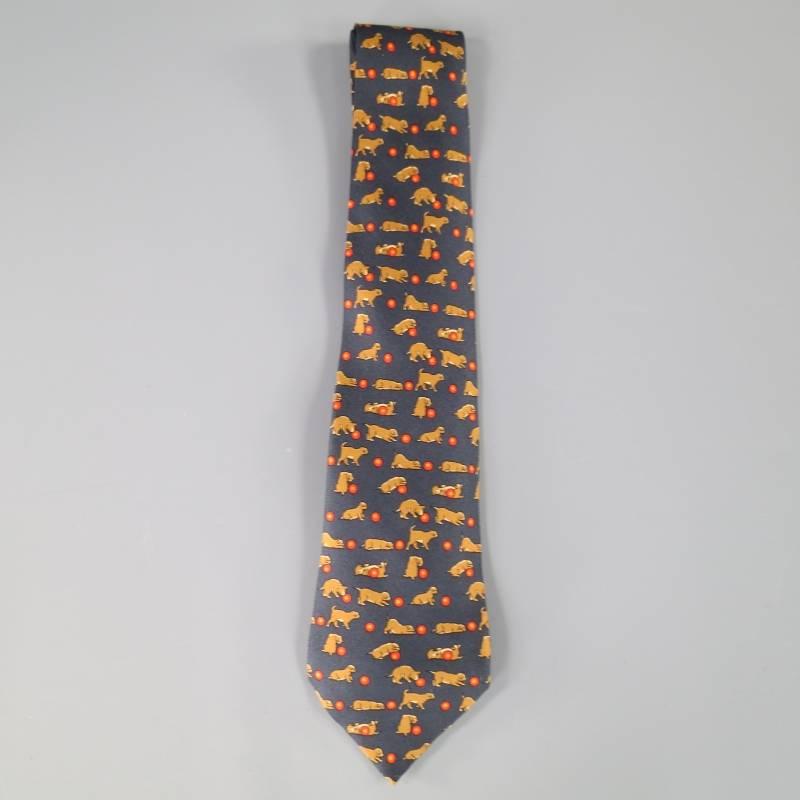 Classic HERMES tie in hand printed silk satin with an al over dog and ball cartoon print. Made in France.

Item ID: 57571
