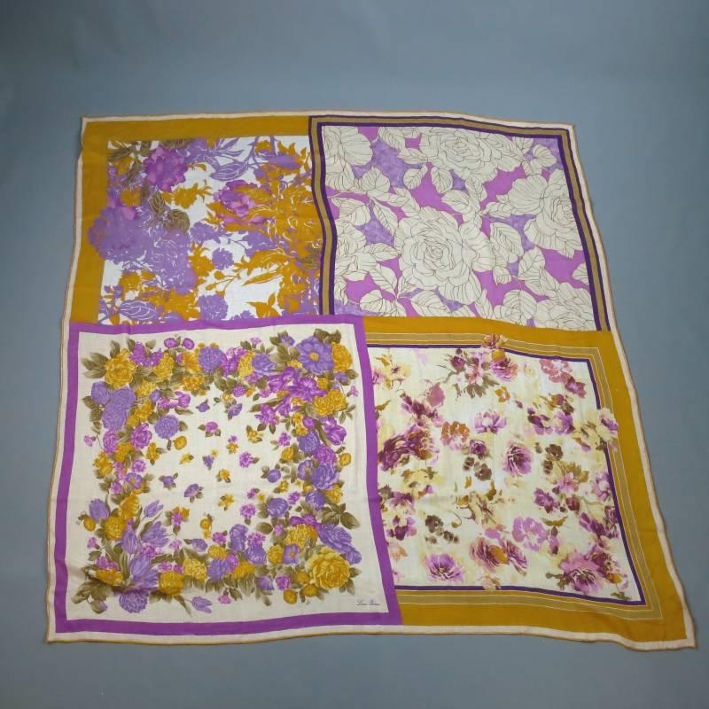 Fabulous "Rosae" Soffio cashmere scarf by LORO PIANA.  This classic light weight sheer style features a color block print of vintage purple and gold rod yellow  florals with frames overlapping. Made in Italy.
 
Excellent Pre-Owned