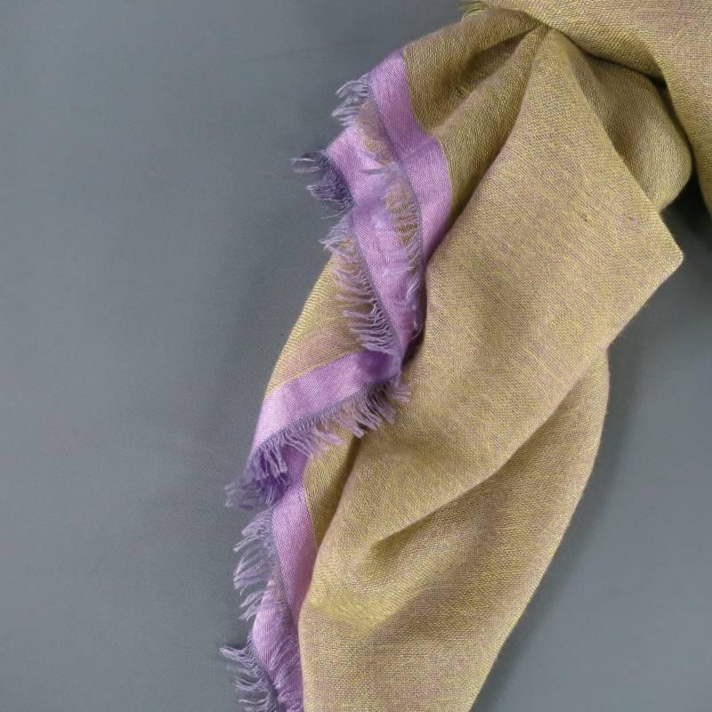 Lovely cashmere blend fringe trimmed scarf by LORO PIANA. This classic style comes in an ultra soft light weight knit and features a slightly irridescent yellow and purple blended base with purple, lavender, and pastel yellow stripe  trim that