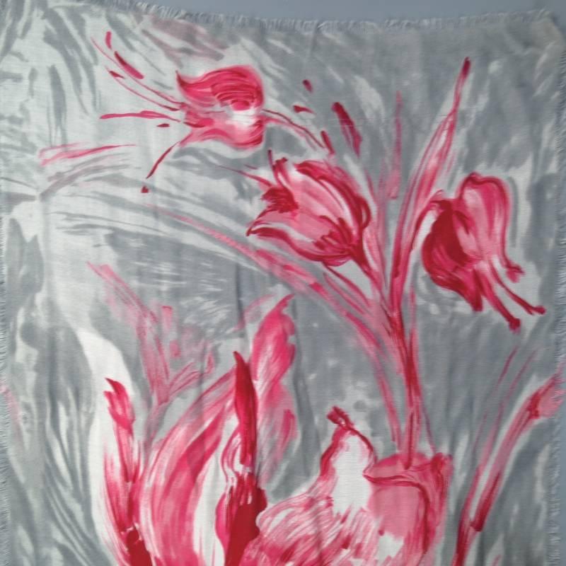 LORO PIANA Red Pink & Gray Cashmere - Silk Floral Anemone Soffio Scarf 1