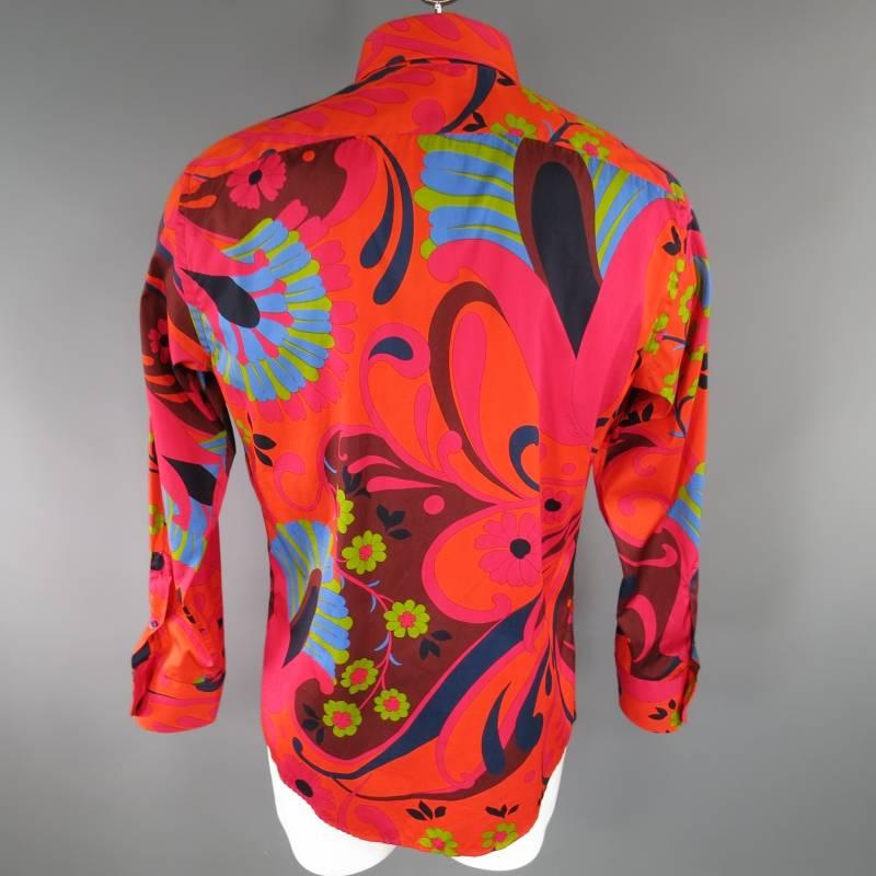 Red GUCCI by TOM FORD Size L Orange Retro Floral Print Cotton Long Sleeve Shirt