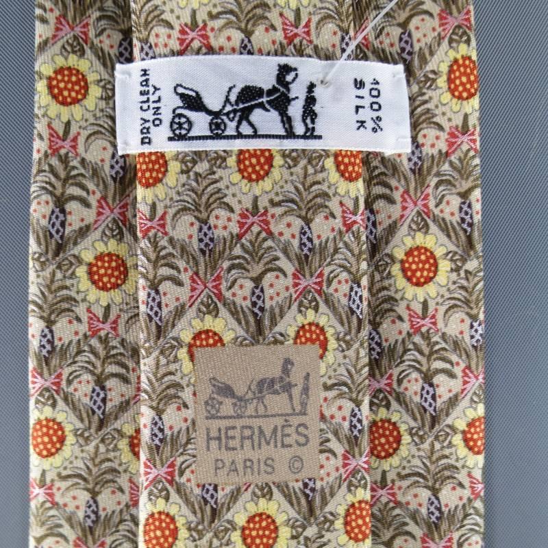 HERMES Beige Marigold and Agave Palm Printed Tie Set 1