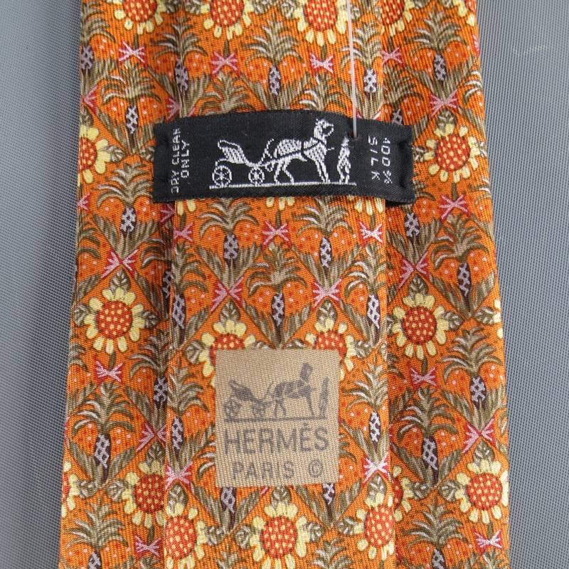 Men's HERMES Beige Marigold and Agave Palm Printed Tie Set