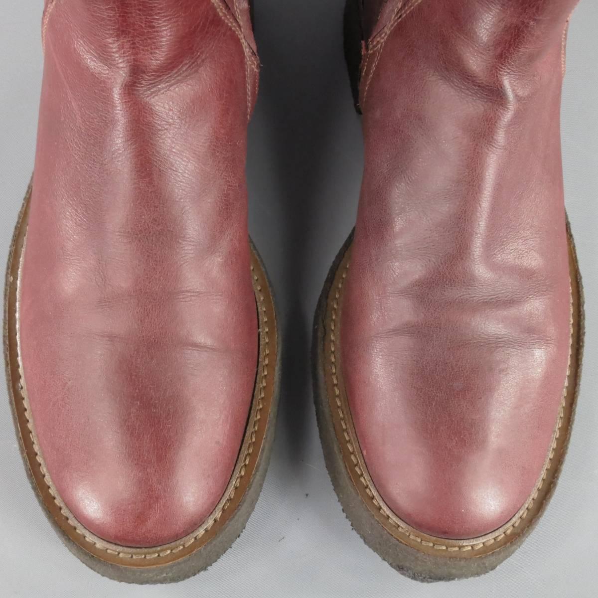MAISON MARTIN MARGIELA Size 11 Burgundy Side Zipper Leather Boots In Excellent Condition In San Francisco, CA