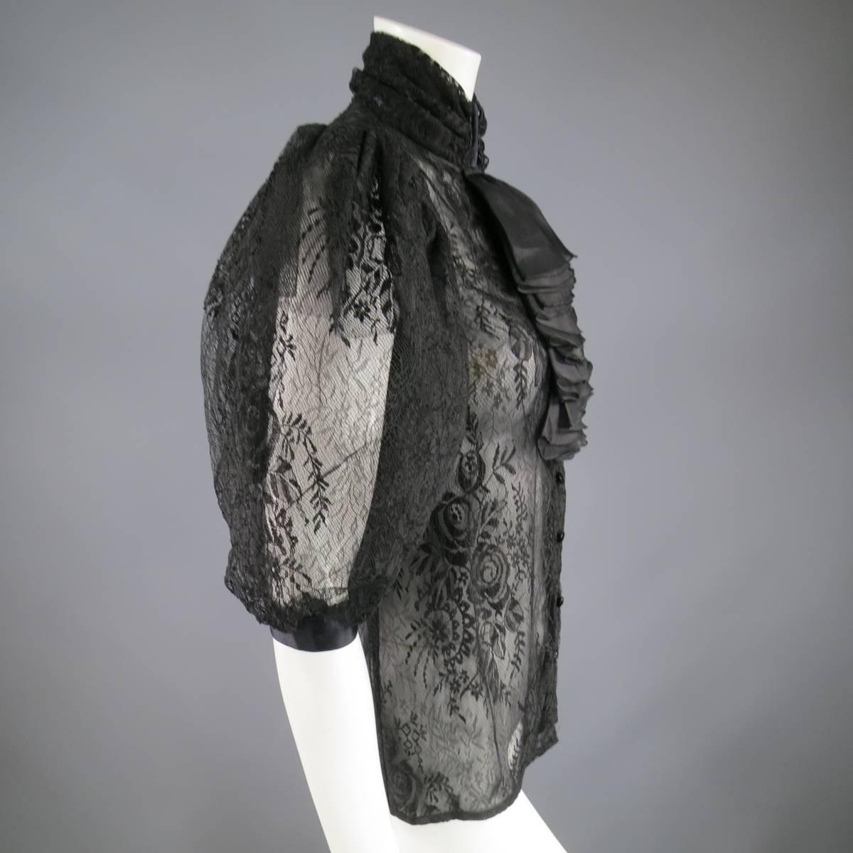 Women's EMANUEL UNGARO Size 8 Black Lace High Collar Ruffle Puff Sleeve Blouse