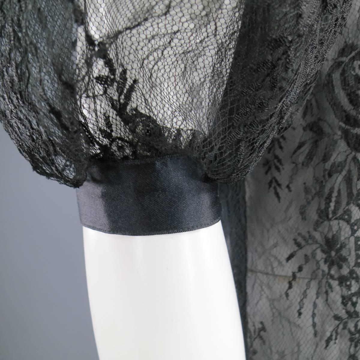EMANUEL UNGARO Size 8 Black Lace High Collar Ruffle Puff Sleeve Blouse 3