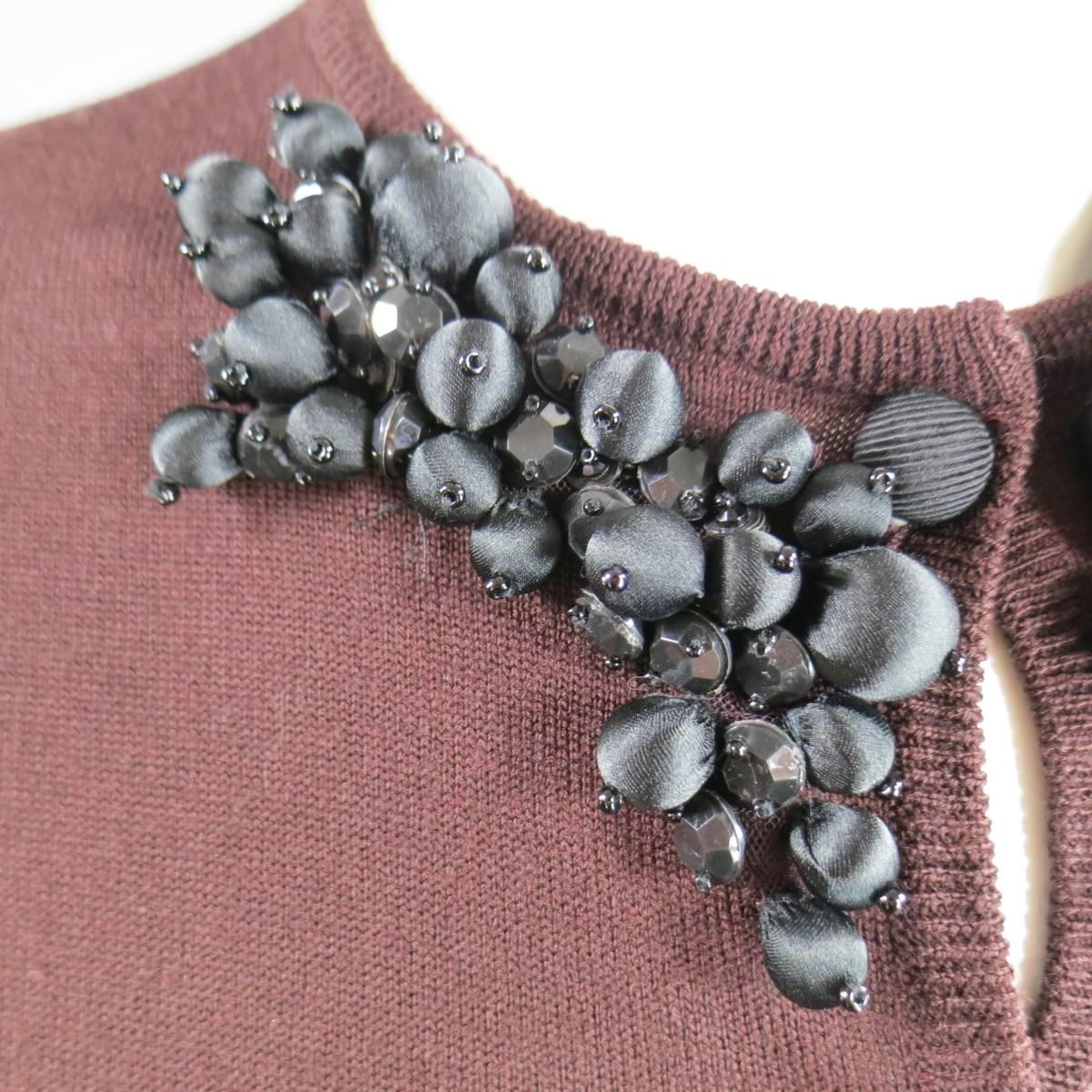 Black VALENTINO Size 12 Brown Wool Beaded Applique Batwing Cardigan