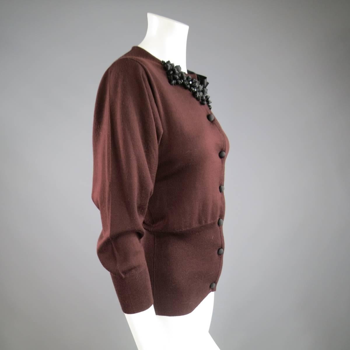 VALENTINO Size 12 Brown Wool Beaded Applique Batwing Cardigan 1