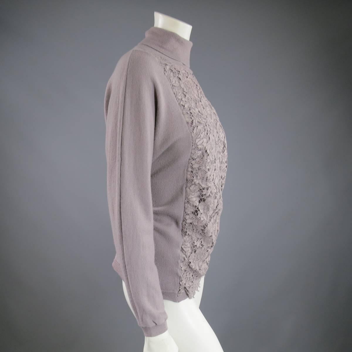VALENTINO Size L Mauve Virgin Wool Lace Panel Turtleneck In Excellent Condition In San Francisco, CA