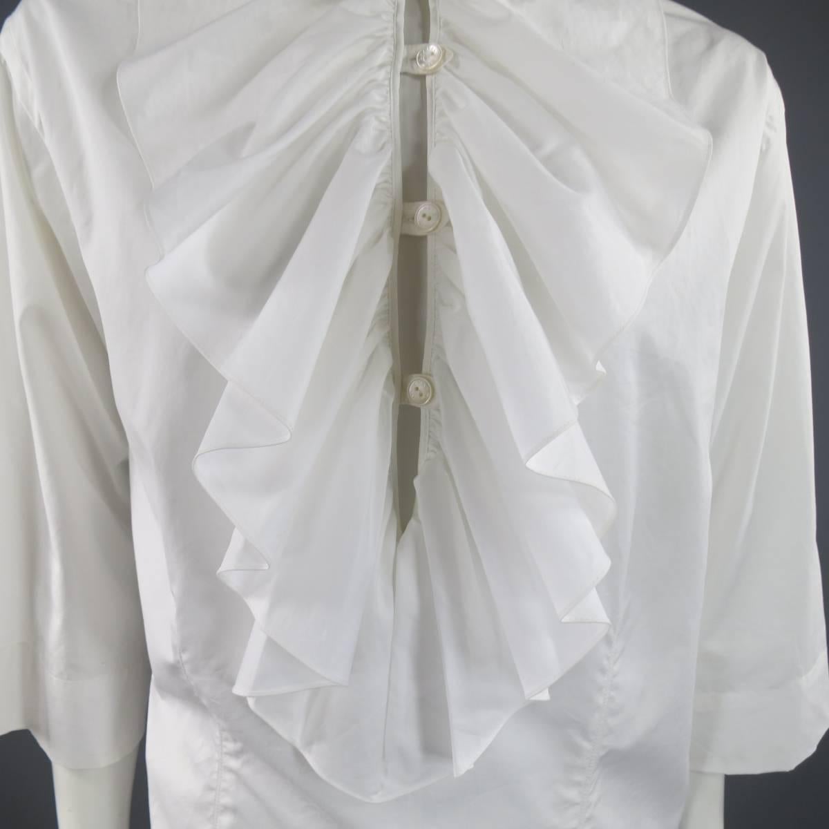 Gray CHANEL Size 10 White Cotton Equestrian Ruffle Collar Shirt Dress