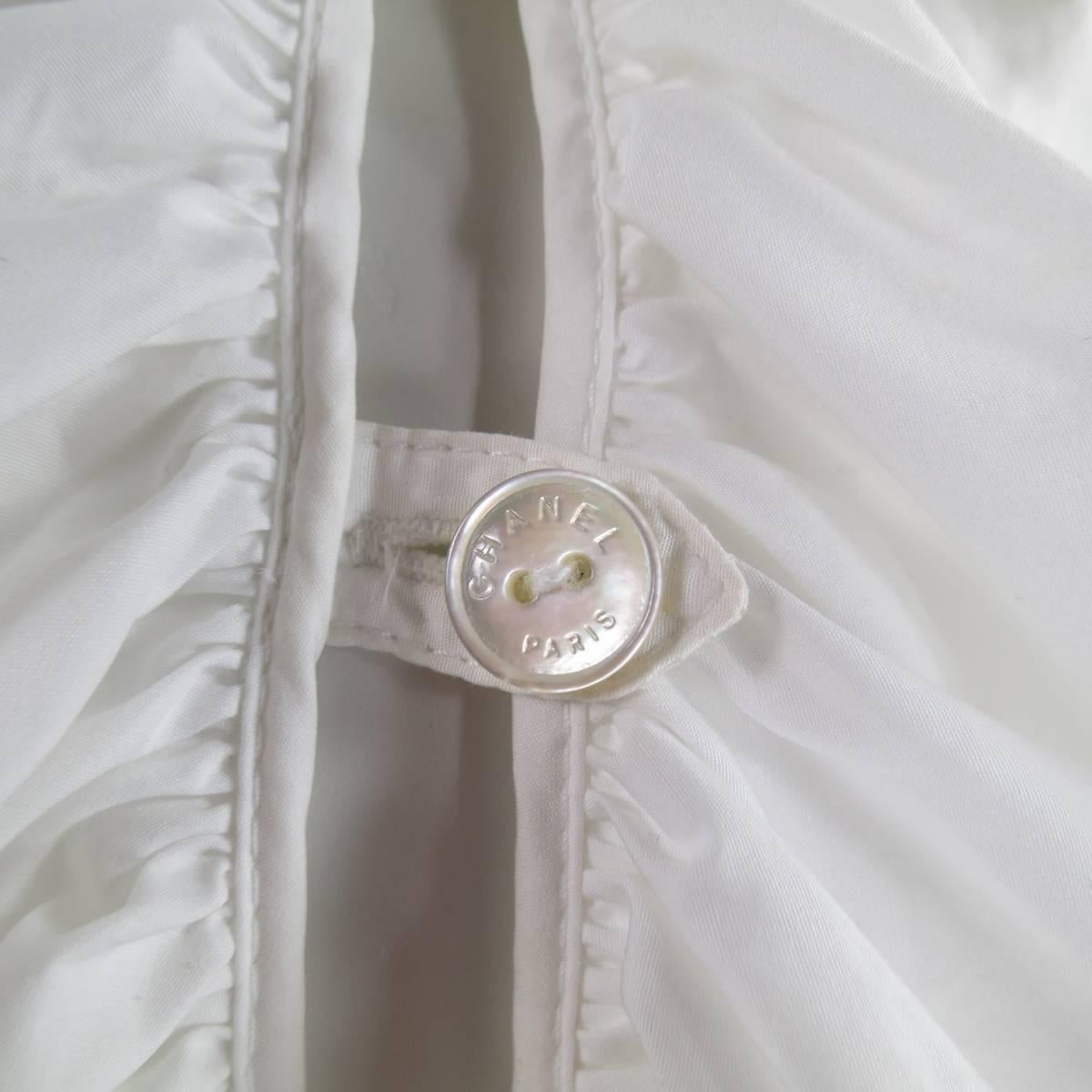 CHANEL Size 10 White Cotton Equestrian Ruffle Collar Shirt Dress In Excellent Condition In San Francisco, CA