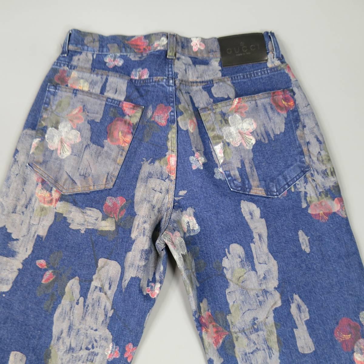 Gray GUCCI Size 30 Floral Painted Medium Wash Jeans 2001