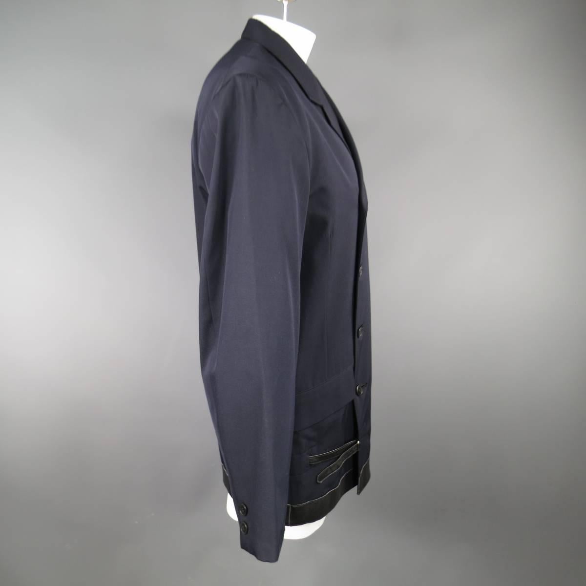 Men's YOHJI YAMAMOTO 40 Navy Wool Asymmetrical Black Leather Details Jacket