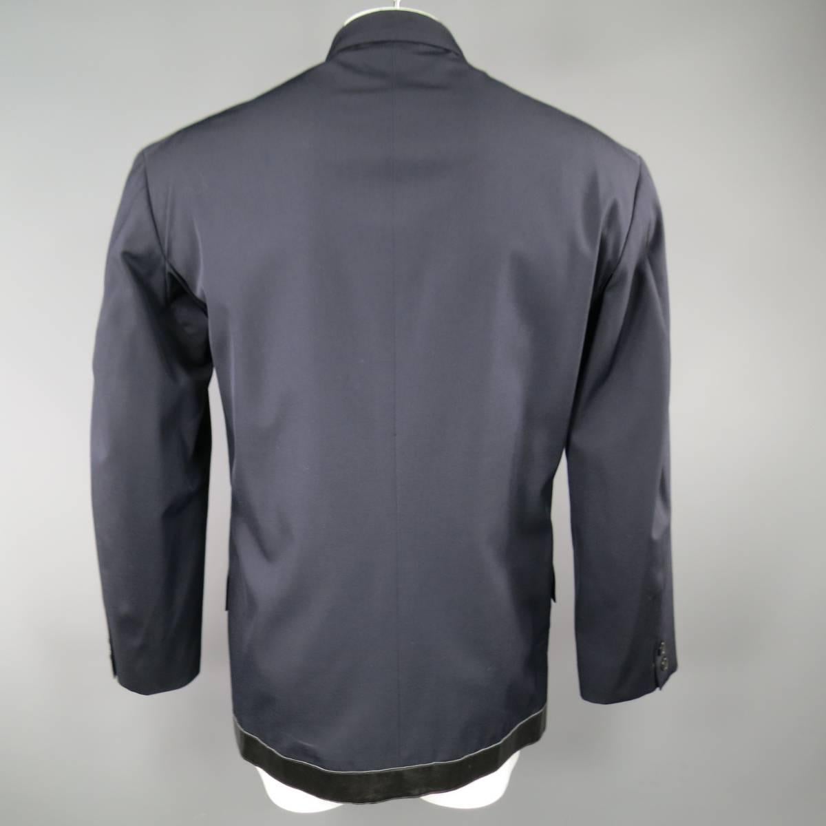 YOHJI YAMAMOTO 40 Navy Wool Asymmetrical Black Leather Details Jacket 3